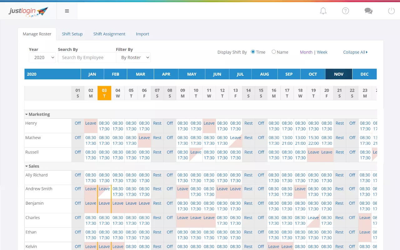 Roster with kinds of work day in the HRMS System