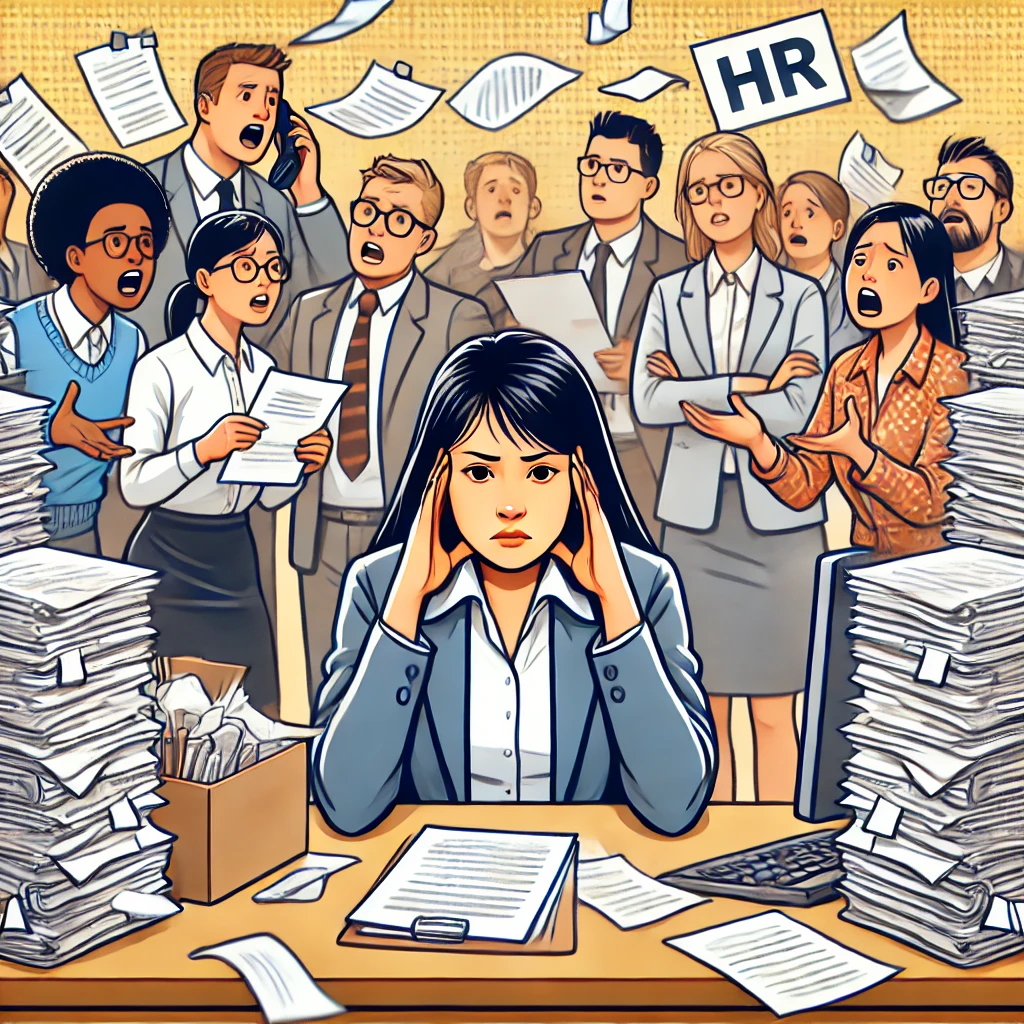 A HR working with stress with a lots of paper and people complaining